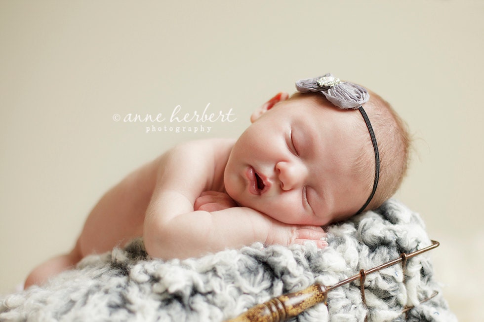 Petite GRAY Chiffon Bow Headband. Baby Girl Headband with Rhinestone Button Center on Skinny Headband. Sizes from Newborn - Adult.