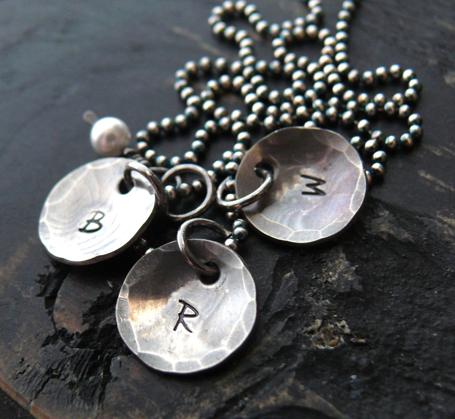 Hand Stamped Necklace - Personalized Inital Necklace - Sterling Silver 3 Cuped Charms with Pearl