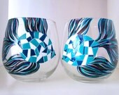 Fish Mosaic Hand Painted Stemless Wine Glasses- Set of 2