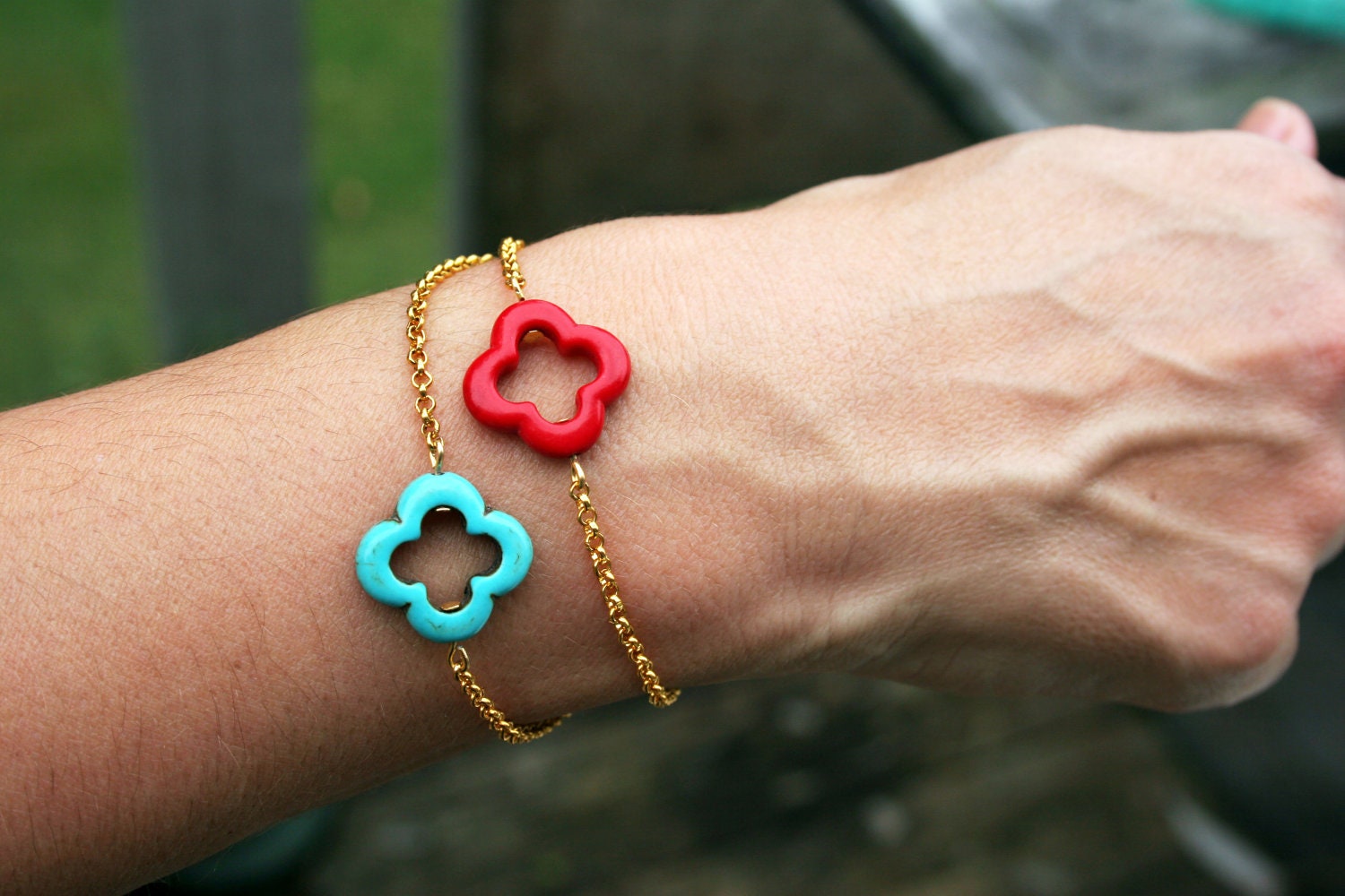 TURQUOISE lucky clover gold plated bracelet stone blue chain gift red boho for her friendship bridesmaids wedding yellow purple pink neon