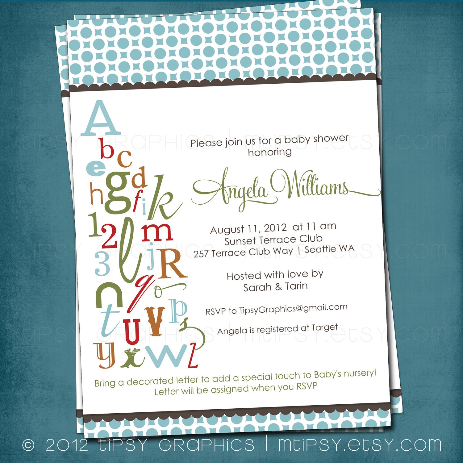 ABC Colorful Alphabet Baby / Bridal Shower Invitation. Bring a letter. Any colors and text by Tipsy Graphics Il_570xn