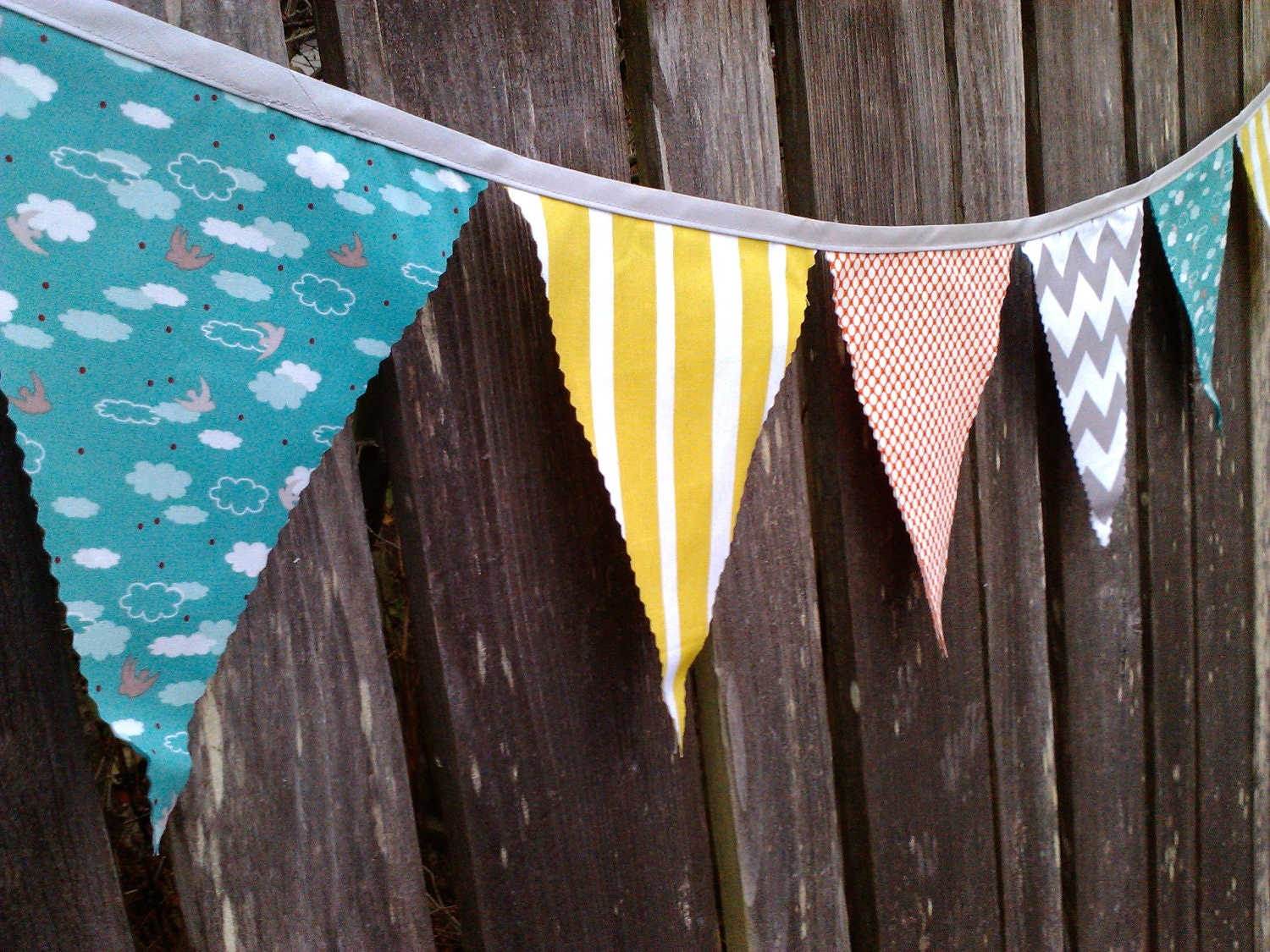 Rainy Day Bunting Flags- Aqua, Grey, White, Red and Chartreuse Pennants with Chevron & Cloud print Il_170x135