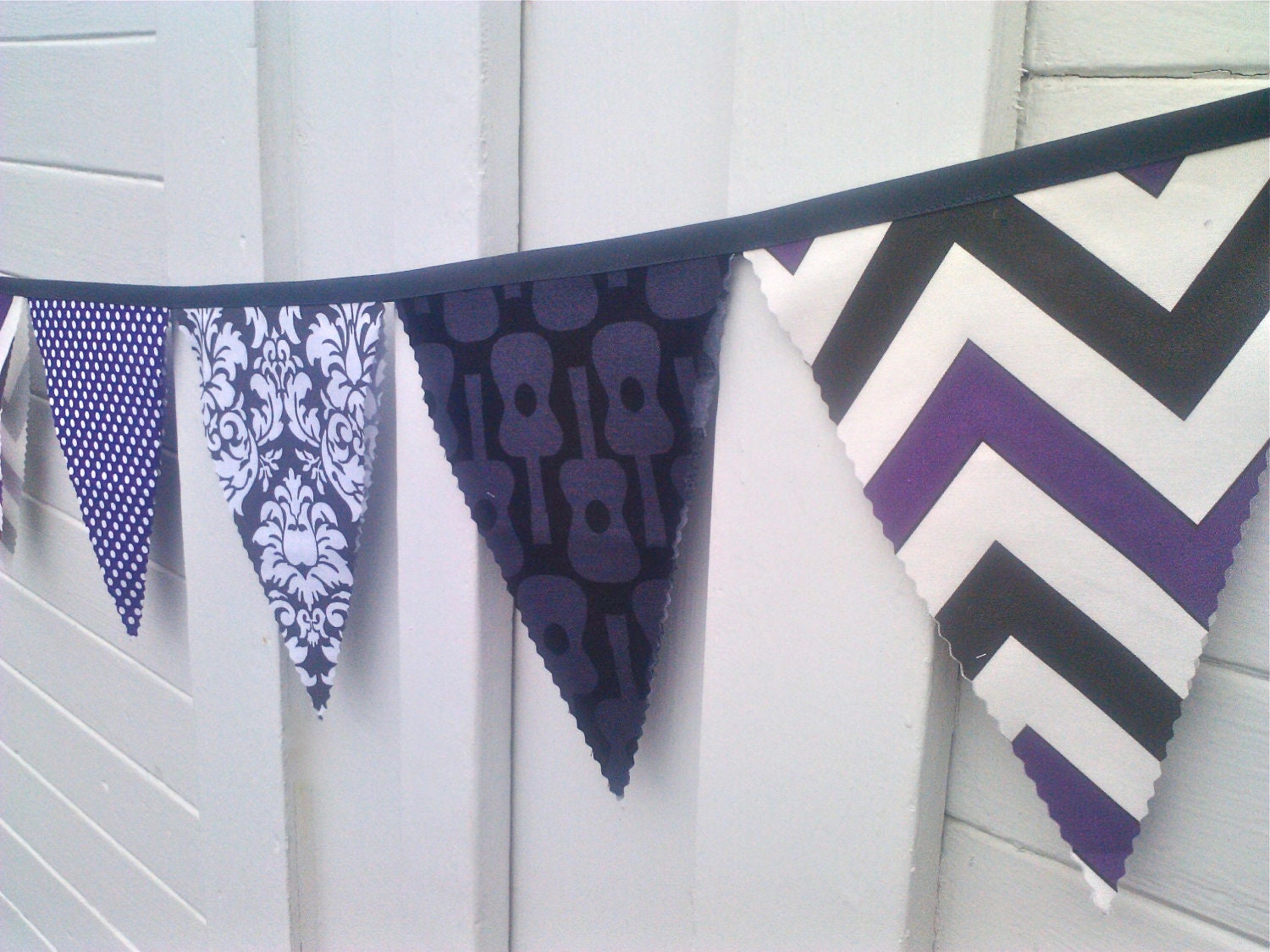 Bunting Girls Rock Purple and Black Fabric Pennants Guitars Chevron Damask Polka Dots Il_570xn