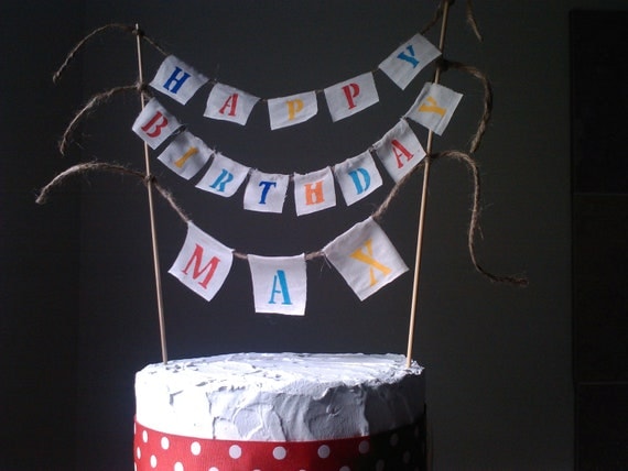 Cake Bunting Happy Birthday Personalized with one name custom colored hand painted fabric flags and jute twine rusticcake topper Il_570xn