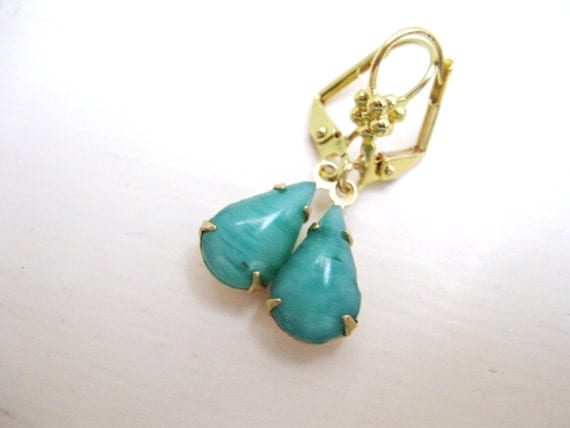 Jade Earrings - Jade  in Brass  - Estate Jewelry