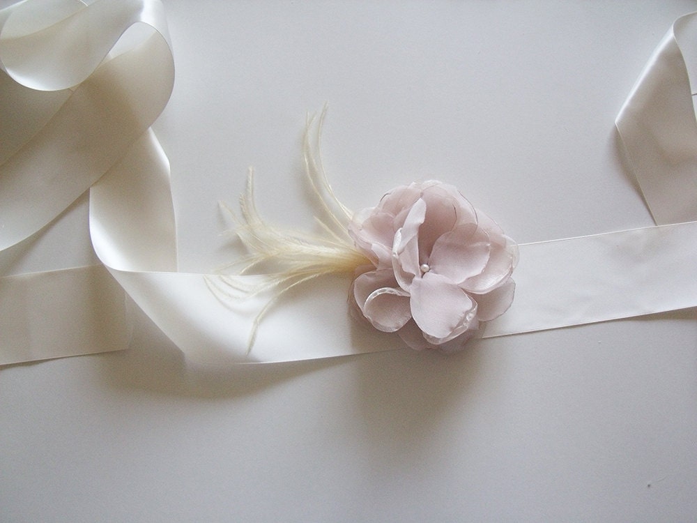 Blush Satin Flower Sash - Bridal Sash - Bridal Belt - Blush Bridal Sash - Ivory Bridal Sash