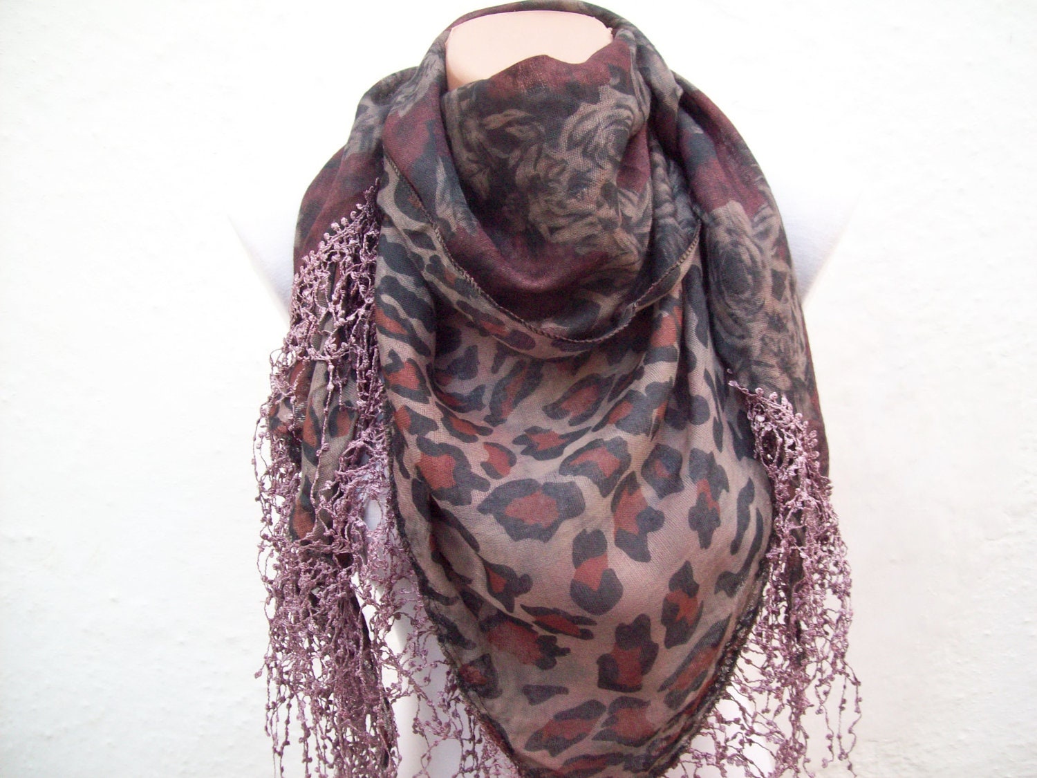 Turkish Fabric Scarf-Guipure Scarf -Brown Purple Burgundy Black-Fringed-triangle