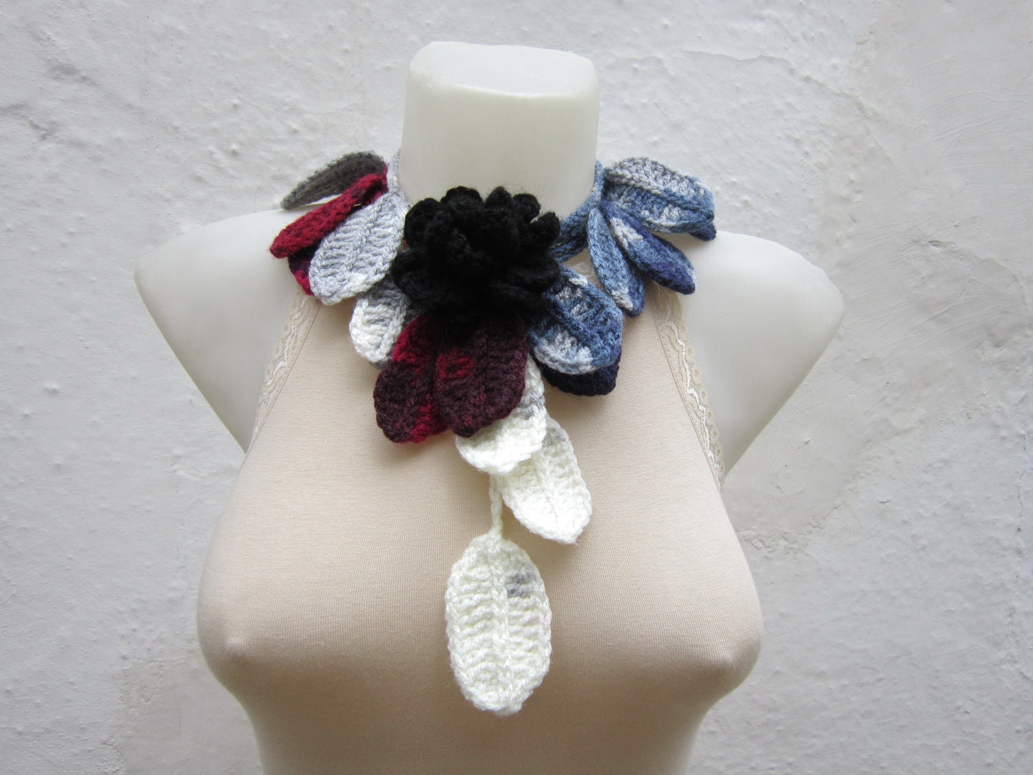 Removeable Brooch Pin Hand crochet Lariat Scarf  Grey White Burgundy  Black  Flower Lariat Scarf Colorful Variegated Long Necklace  winter