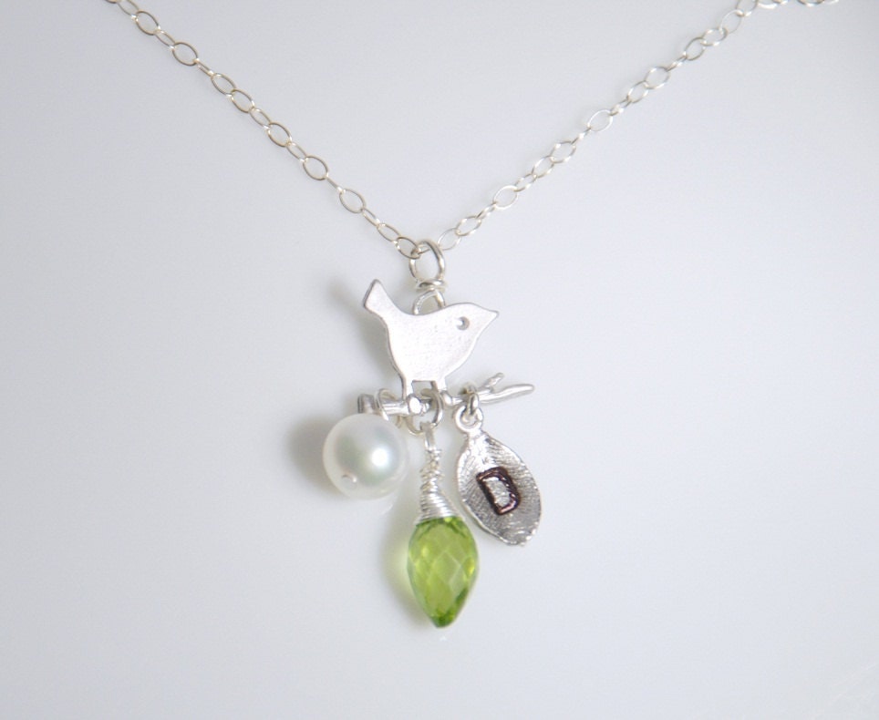 Birthday necklace, bird birthstone necklace, personalized jewelry, initials, birthday gift, sterling silver necklace, peridot