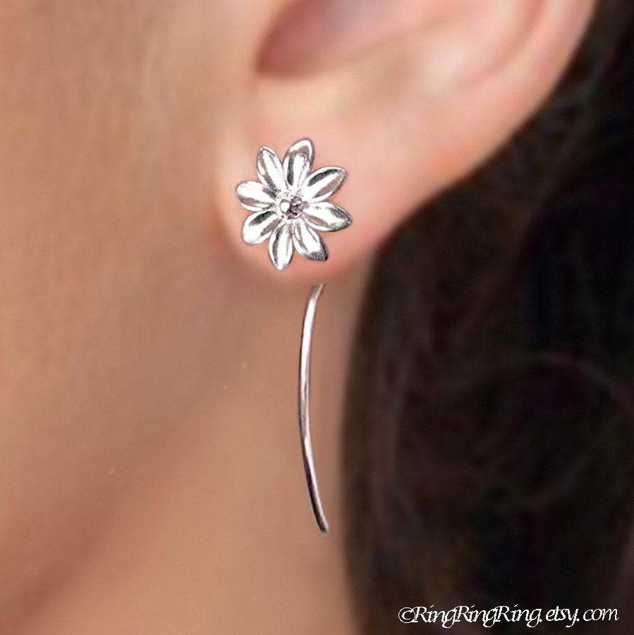 925. Daisy long stem earrings - Unique studs flower sterling silver jewelry 101712