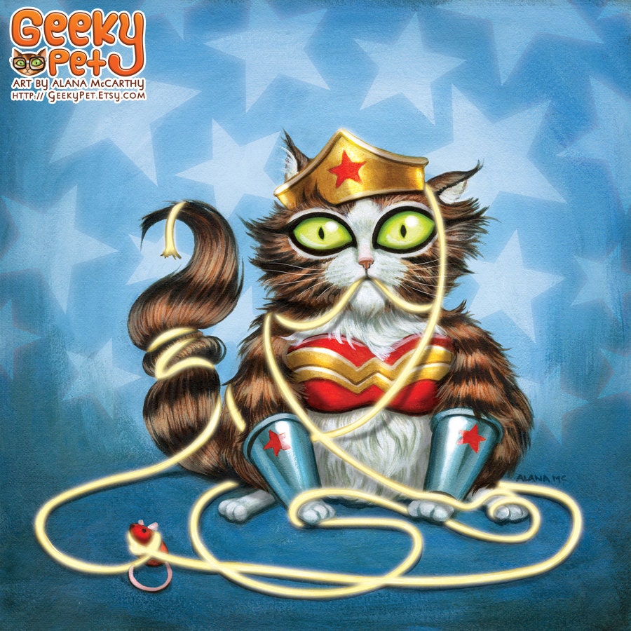 Wondercat - 8 x 8 art print - kitty dressed up like wonder woman cat lasso stars blue