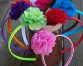 Satin Puff Flower on Hard Plastic Headbands- Your Choice from a Rainbow of Colors