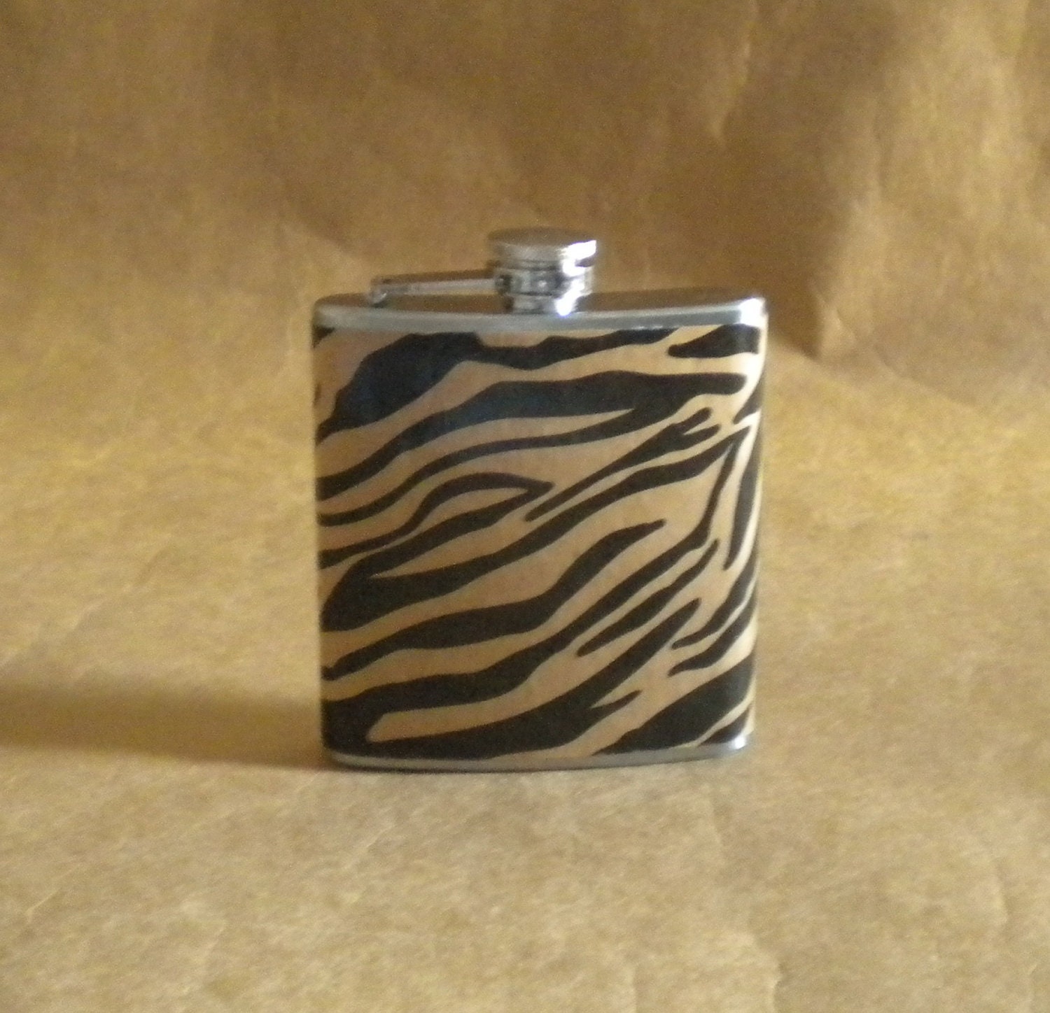 Black and Kraft Zebra Print 6 ounce Stainless Steel Girly Gift Flask KR2D 6031