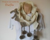 WOOL  SCARF  "ARLEQUIN",  Cold Season Accessories,  Elegant / Women / Pompoms / Winter / Romantic / Warm / Feminine / Hand Knitted / Cozy