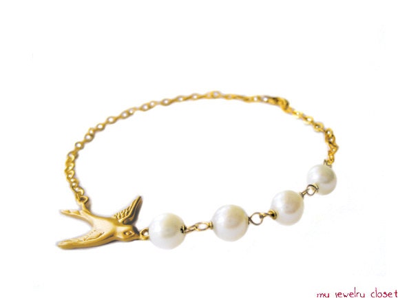 Vintage bird pearl bracelet - 18k gold plated 925 silver chain