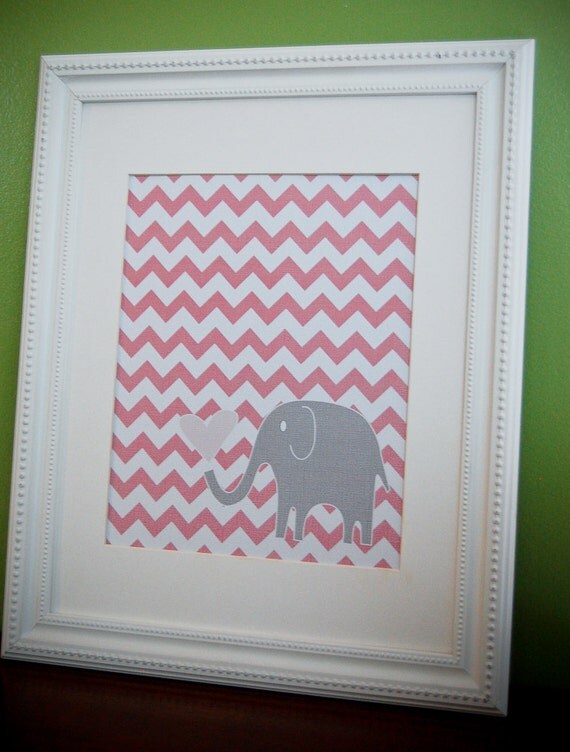 8x10 nursery print: pink chevron and grey elephant with heart