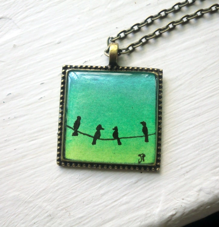 Emerald Pendant Necklace - Blue Green Yellow Birds on a Wire Pendant, Watercolor Art Necklace, Hand Painted Necklace
