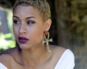 Wooden ankh earrings natural wood burned