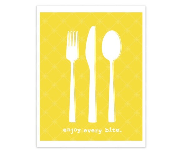 Enjoy Every Bite - Yellow Digital Print - Cutlery - Food - Kitchen Wall Art Print - Fork Knife Spoon - Under 20