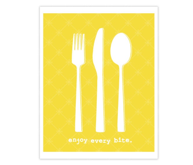 Enjoy Every Bite - Yellow Digital Print - Cutlery - Food - Kitchen Wall Art Print - Fork Knife Spoon - Under 20