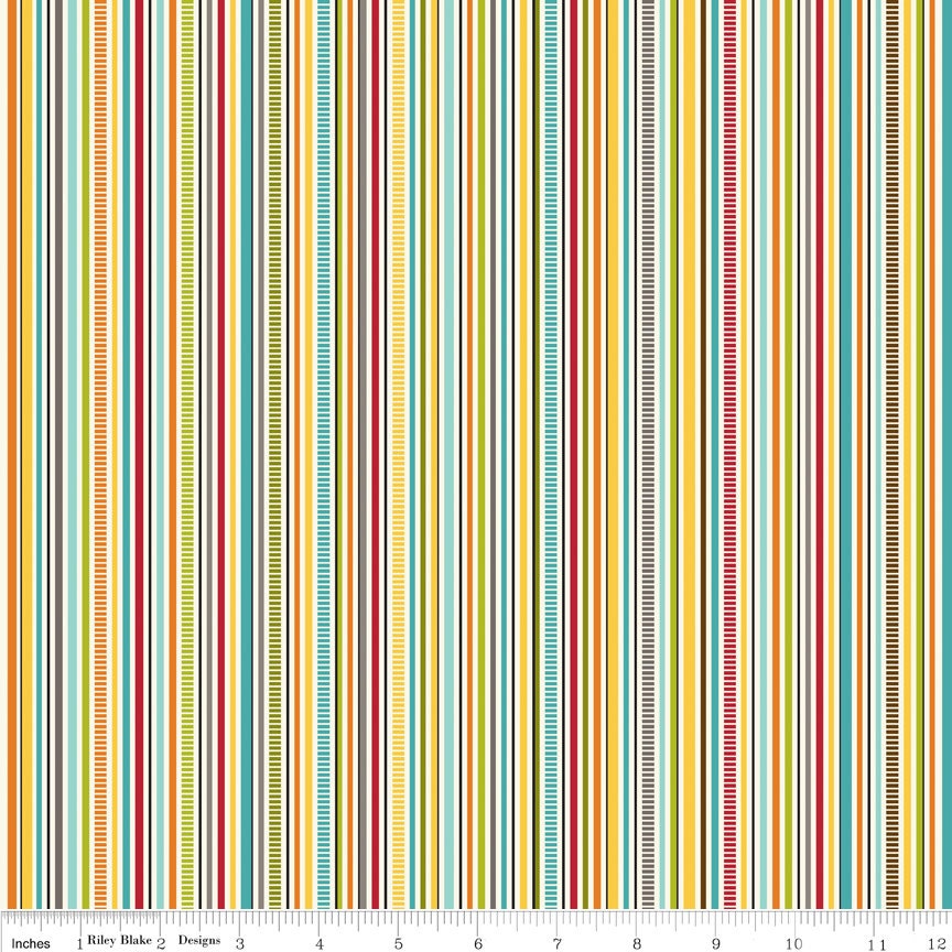 Bright Red Aqua and Yellow Stripe Fabric, Puppy Park By Bella Blvd For Riley Blake, Stripe Print in Cream, 1 Yard
