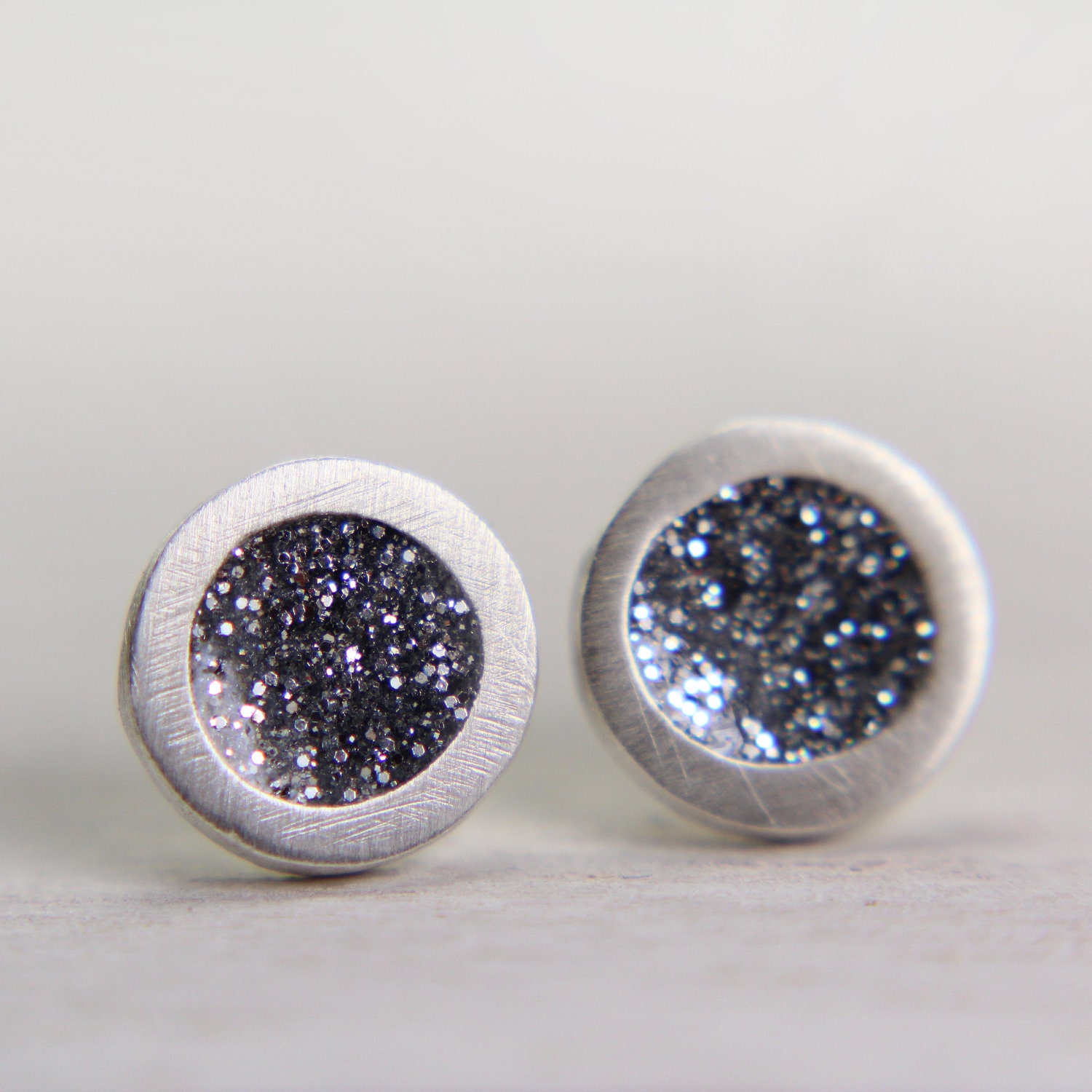 fine silver post earrings with silver sparkles - sterling silver stud earrings - glitter jewelry