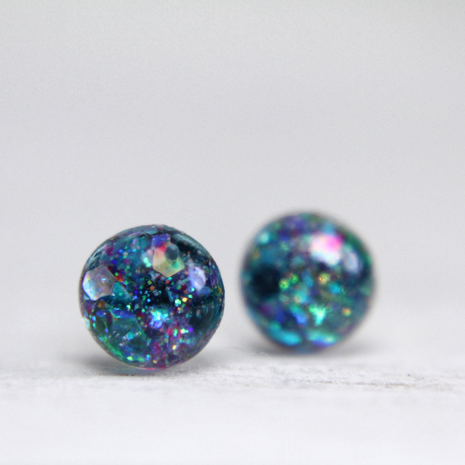 tiny globe earrings in sparkly peacock - 5mm - galaxy earrings - blue round post earrings
