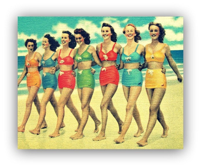 retro photography 11x14 color  photo BEACH BABES Americana nostalgia print 1940s vintage red aqua yellow orange wall art beach lover gift