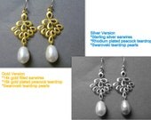 Peacock Teardrop Earrings with Pearl, Modern, Casual, bridal party gift