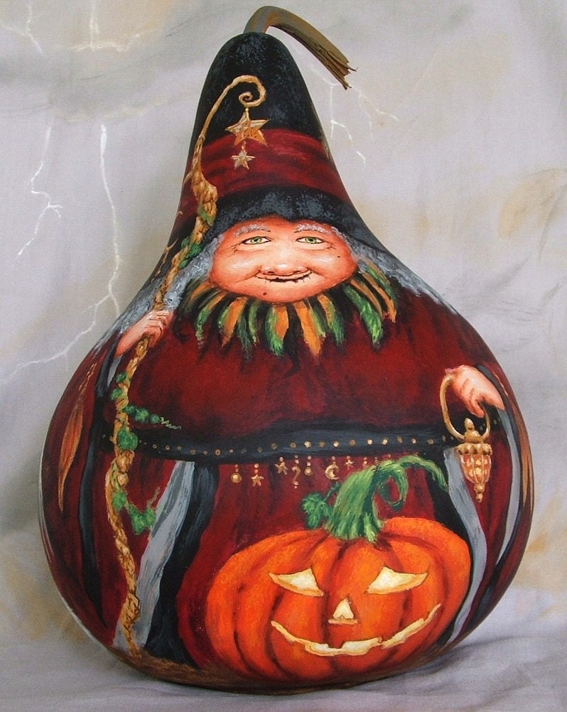 On the Wings of Magic, Halloween witch gourd, hand painted, 10 inches tall