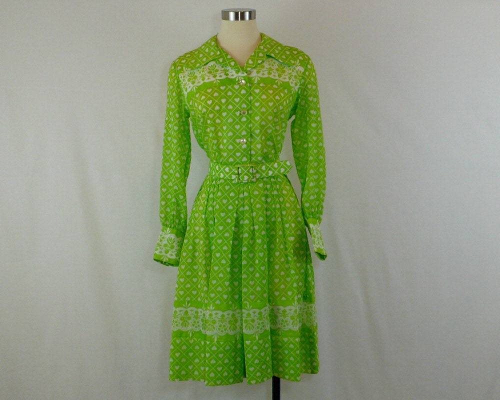 70s Lime Shirt Dress - Heart Print - sm to med