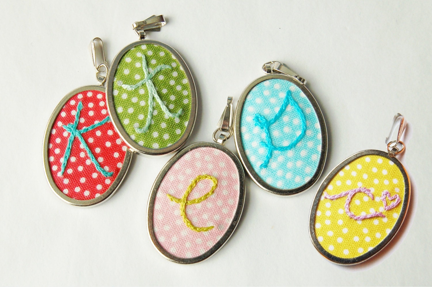 Personalized Embroidered Initial PENDANT - NO CHAIN. On Printed Polka Dot Fabric, Five Color Options.  by merriweathercouncil on Etsy.