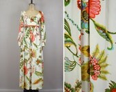 Vintage 1970s Maxi Dress Bold Florals Empire Waist Gown