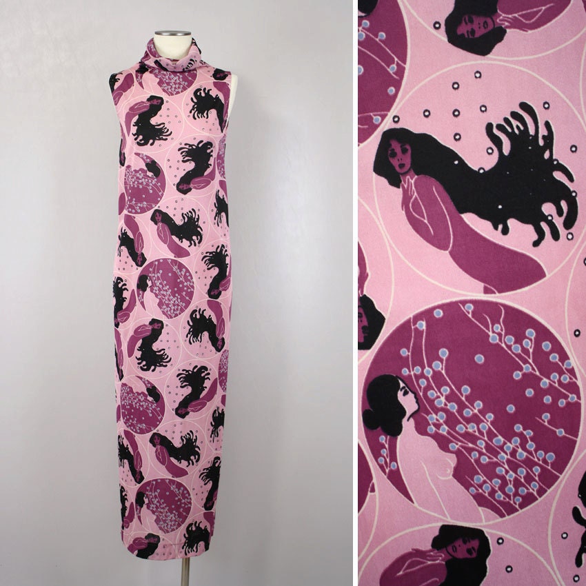 Vintage 1970s Dress Novelty Nudes Maxi Dress in Purple / Op Art Nouveau Inspired Psychadelic Print