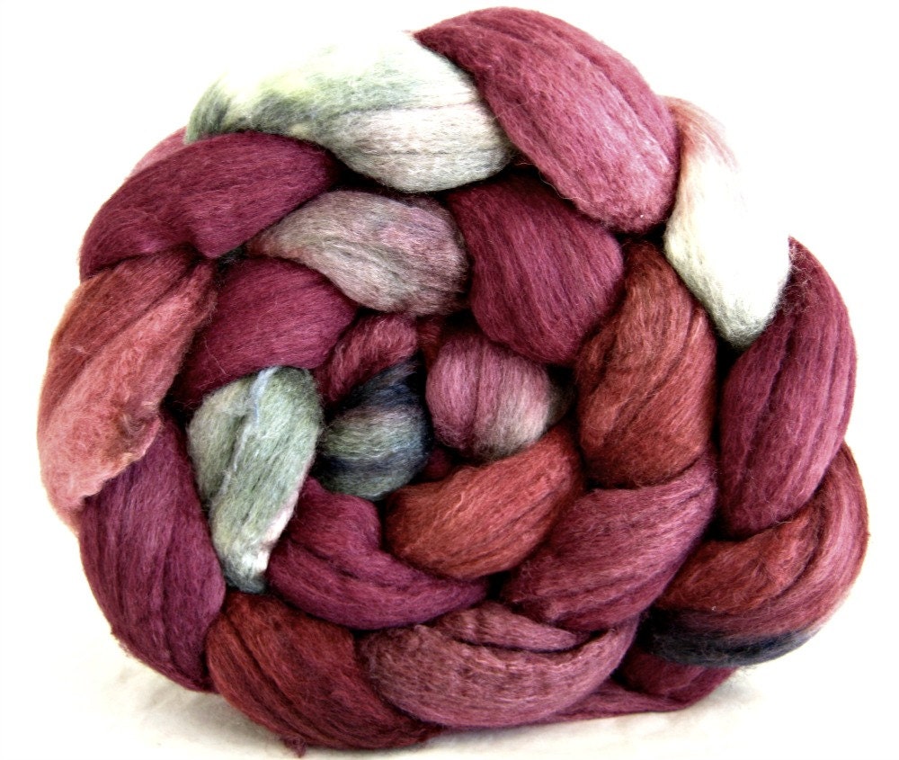 hand painted combed top , wool roving , organic polworth silk : spinning fiber , felting supplies