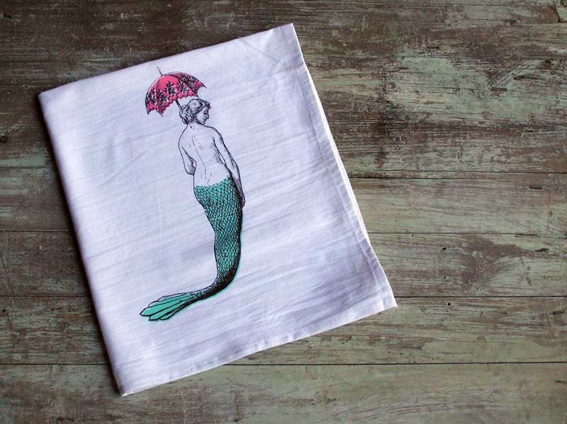 Mermaid with a Parasol Flour Sack Towel