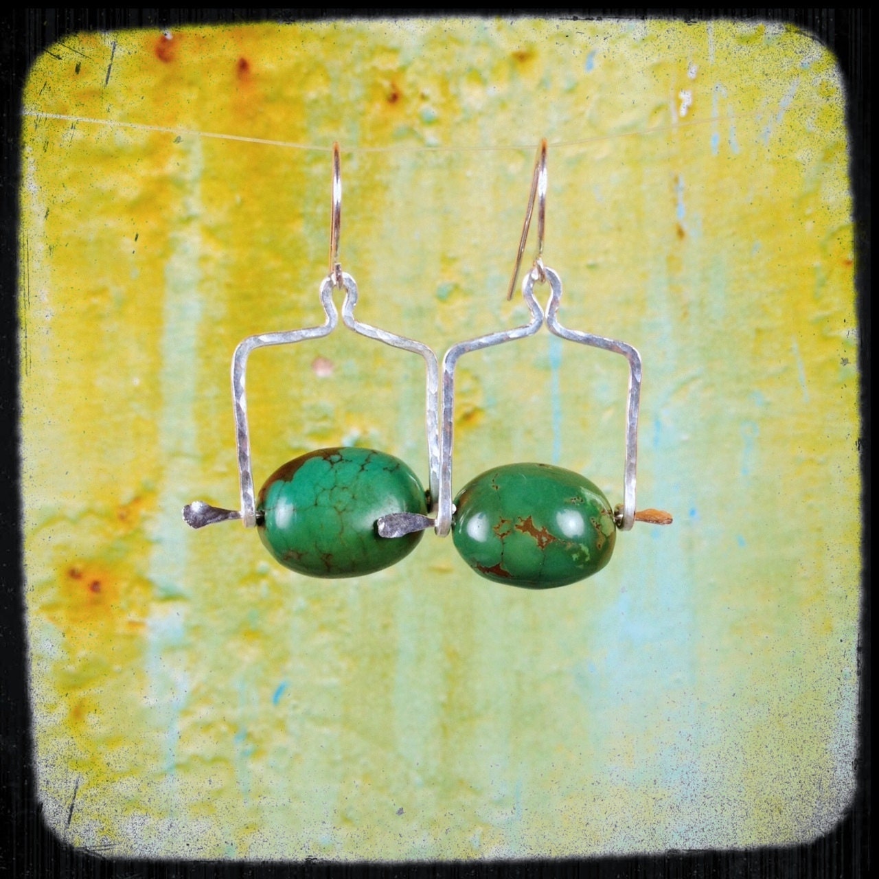 Handmade one of a kind turquoise square hoop spur unique silver earrings