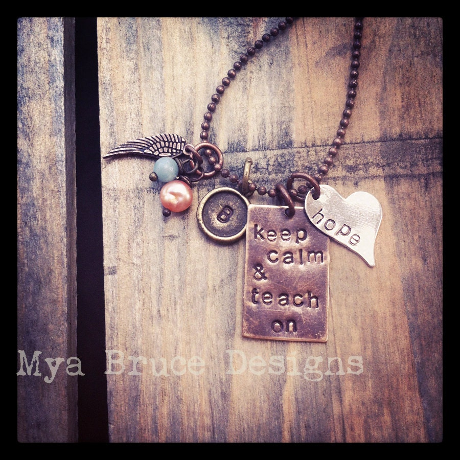 Keep calm and teach on - mixed metal -with heart full of hope, wing charm and initial tag