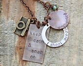 Mixed metal photographer necklace - keep calm and snap on, i shoot people, and personalized name plate