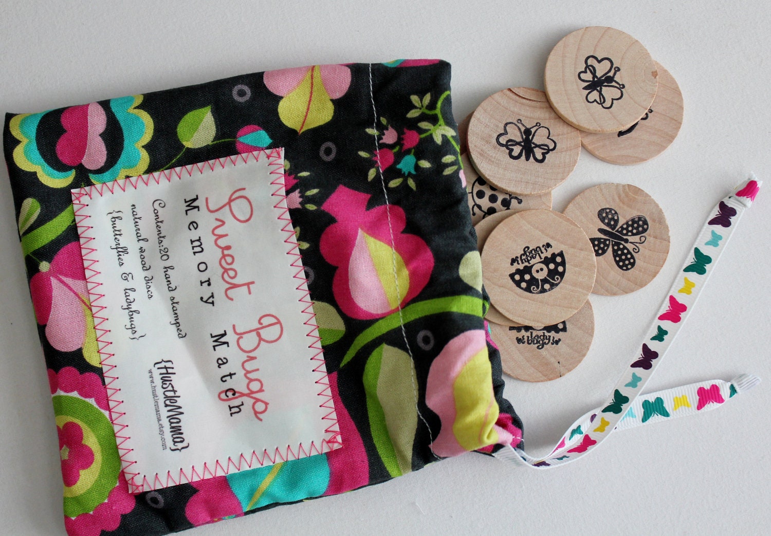 Childrens Memory Match game - hand stamped wooden set in hand sewn drawstring bag - Sweet Bugs - ladybugs and butterflies edition