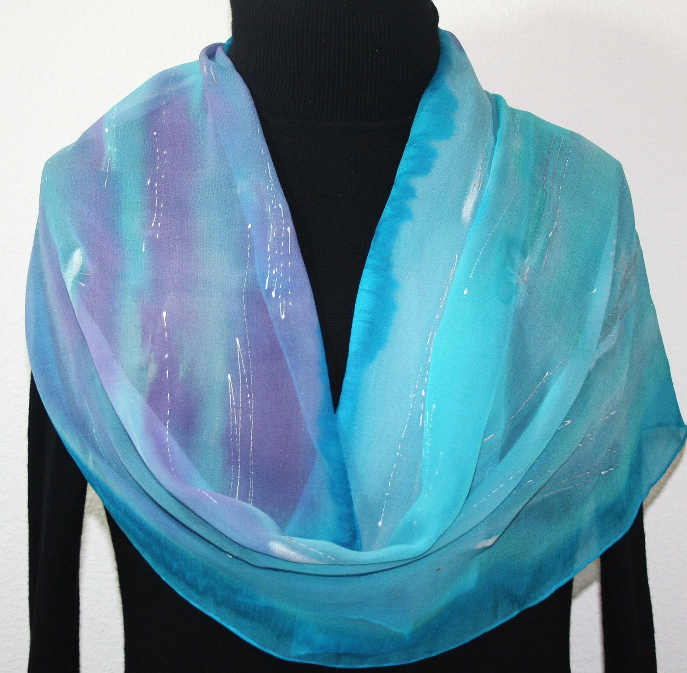 Hand Painted Silk Scarf Mystic Nebula. Scarf in Turquoise and Lavender. Size LARGE 14x70. Silk Scarves Colorado. 100% silk. MADE to ORDER