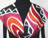 Hand Painted Silk Scarf African Dream. Scarf in Black, White, Red, Orange. 8x52. Silk Scarves Colorado. 100% silk. READY TO SHIP.