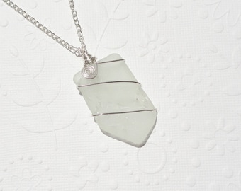 White Sea Glass Wire Wrapped Necklace, White Patterned Wire Wrapped Sea Glass Pendant