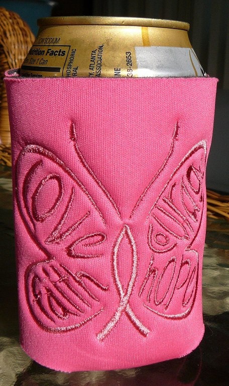 Pink Ribbon Breast Cancer Awareness Can Cozy - Faith, Hope, Courage, Love