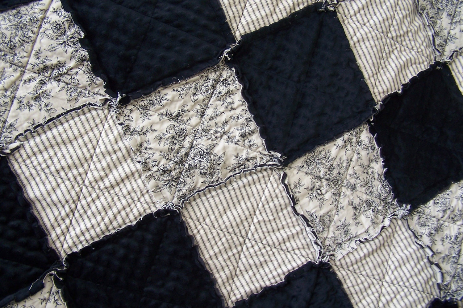 Queen Size Black Toile Rag Quilt with Minky & Ticking - Handmade in NJ -