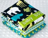 Personalized Burp Cloths - Baby Boy Black Lime and Turquoise Zoology and Polka Dots