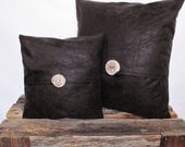 Pillow Cover 12x12 FAUX Vintage Style Dark Chocolate Brown Leather with Wood Button Accent