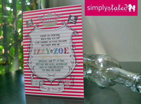 Vintage Princesses and Pirates in Pink Stripes - custom kids birthday party invitation - DIY printable file, print service available