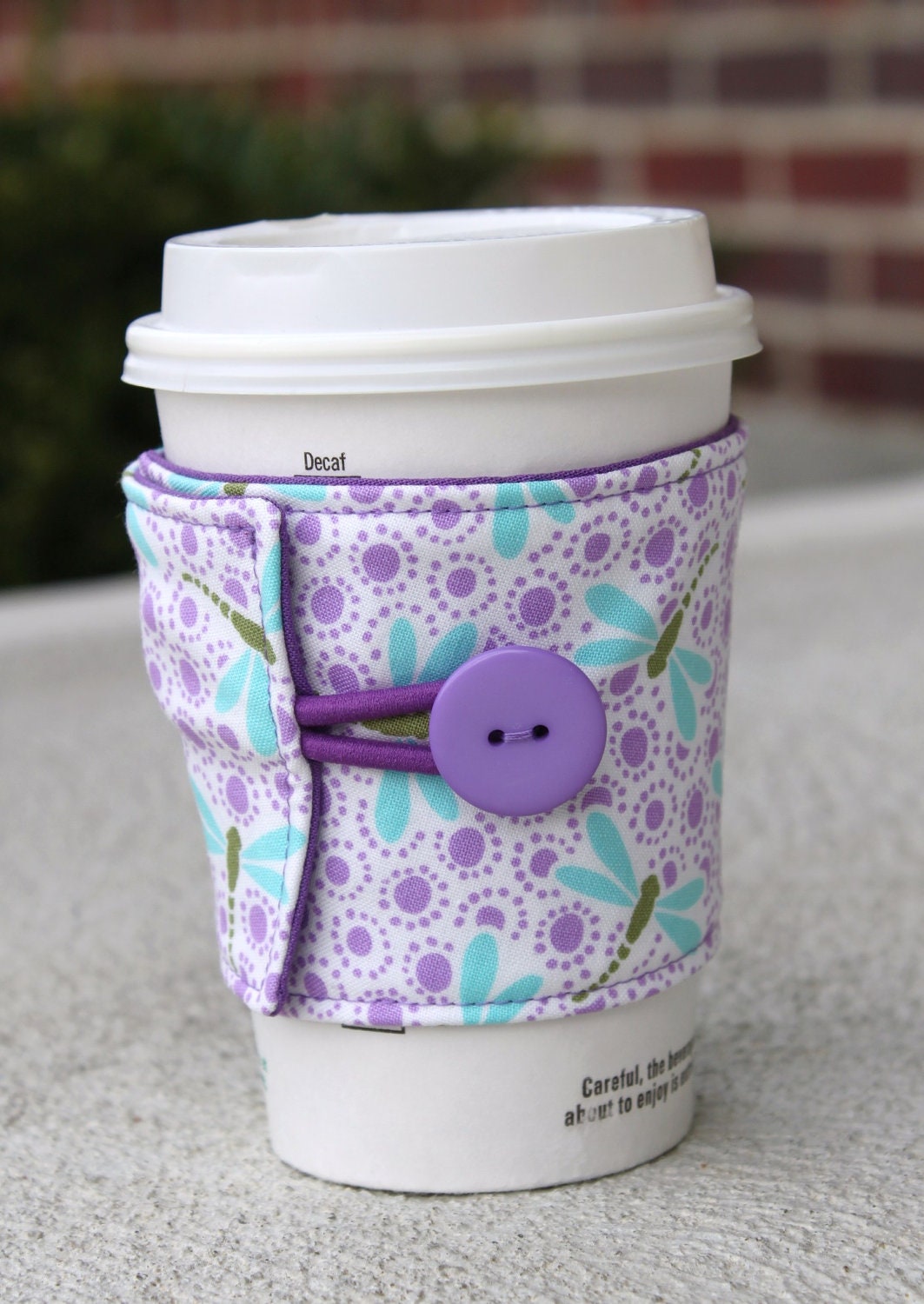 Coffee Cup Cozy - Fabric Coffee Sleeve - Purple and Teal Dragonfly - Good Fortune by Kate Spain