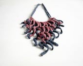 Crochet fringe necklace. Titanium grey and rose smoke cotton tassel necklace.